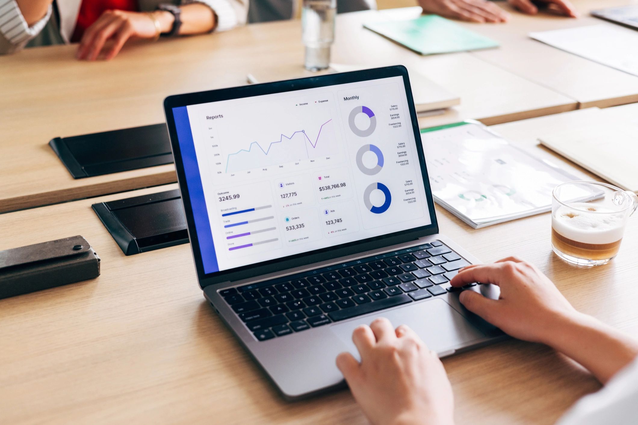 Professional reviewing software analytics on a laptop